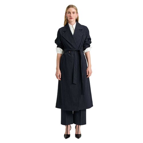 Veronika Maine Navy Pinstripe Belted Trench